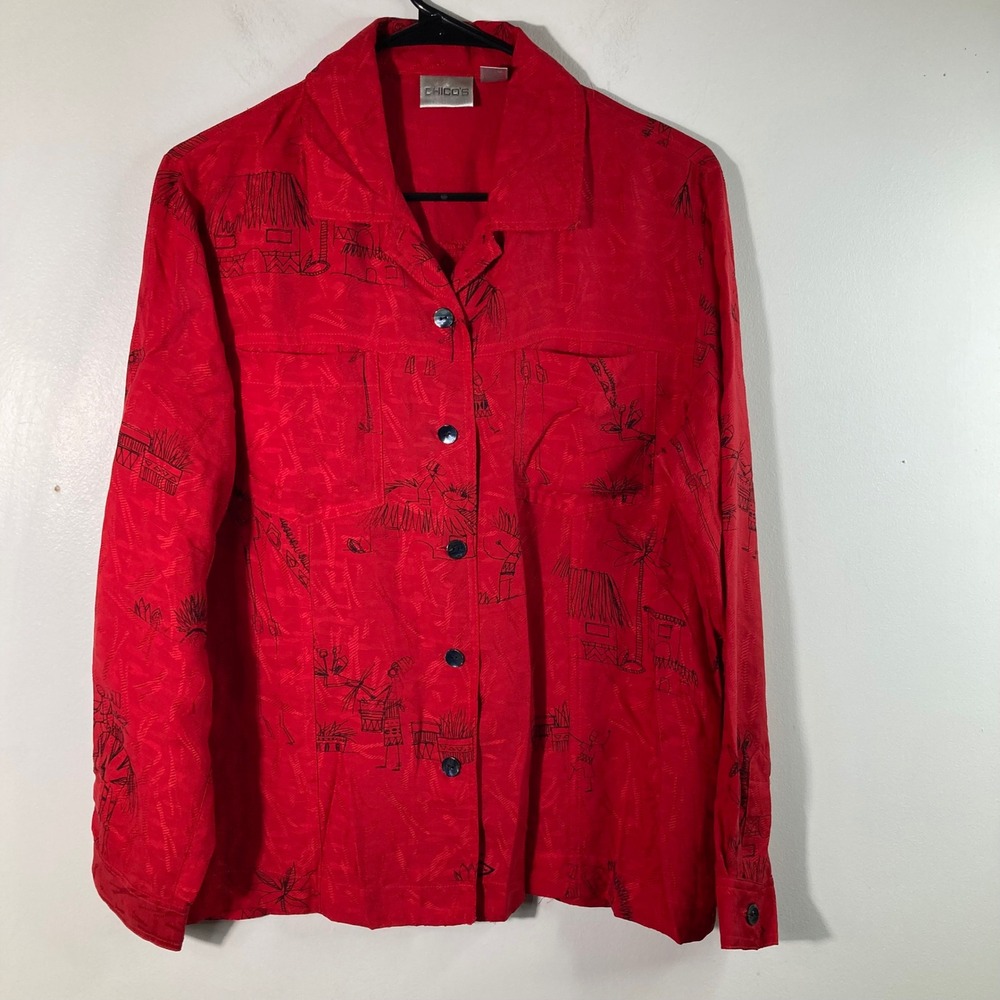 Womens Chicos Silk Button Tropical Shirt Red Black M Giraffe Porcupine